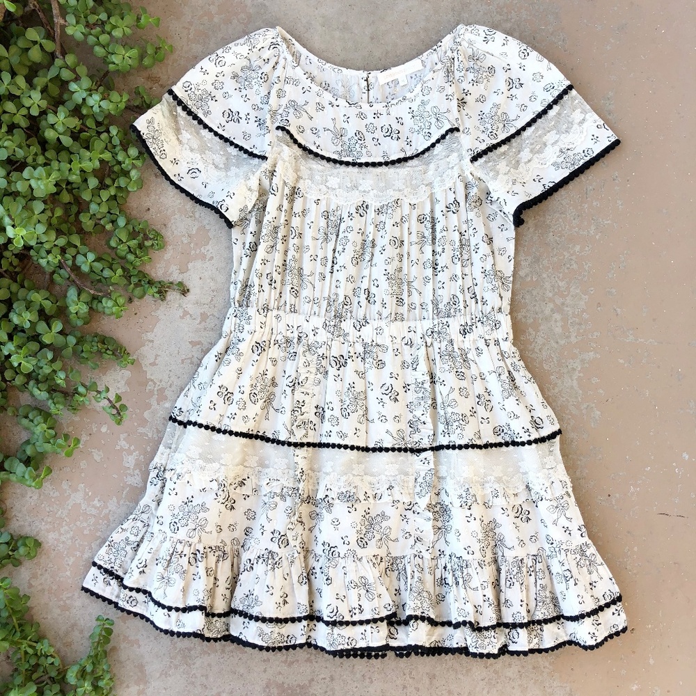 LoveShackFancy White Mini Dress with Black Floral Print
